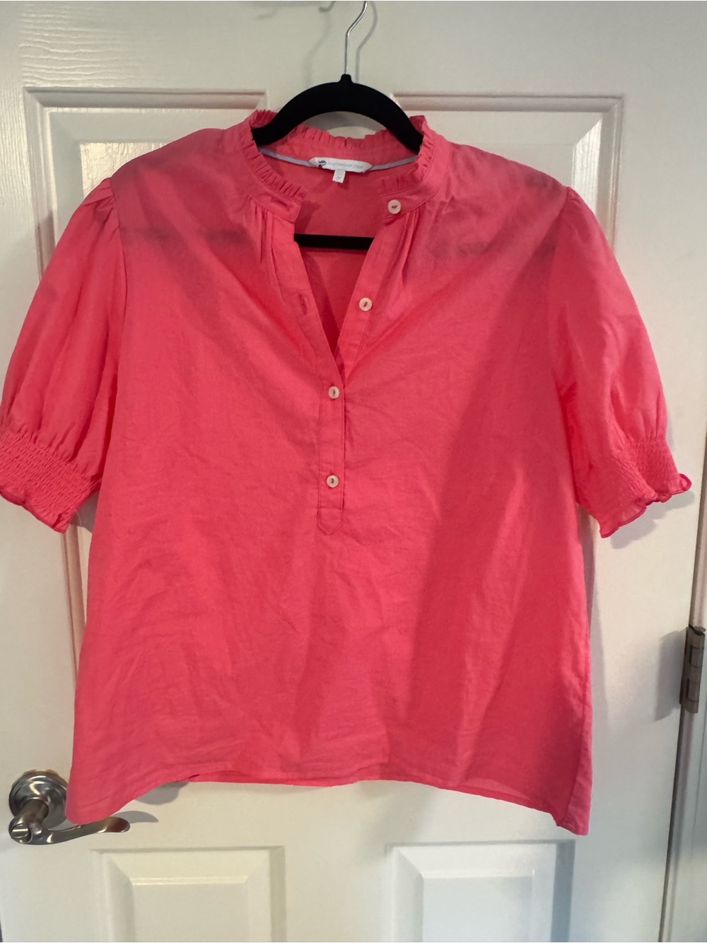 Southern Tide Coral Pink Ruffle-Collar Puff Sleeve Blouse